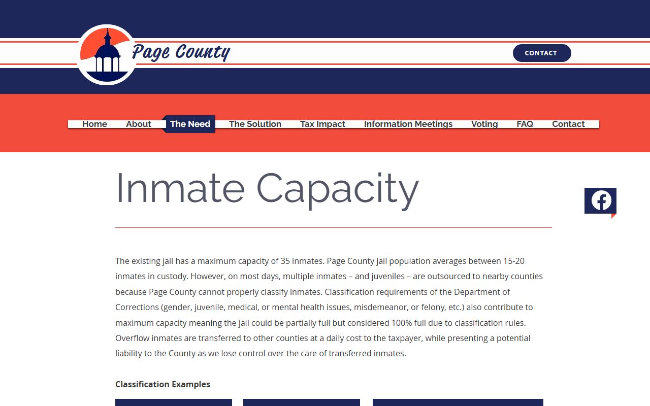 Page County inmate population jail capacity project page